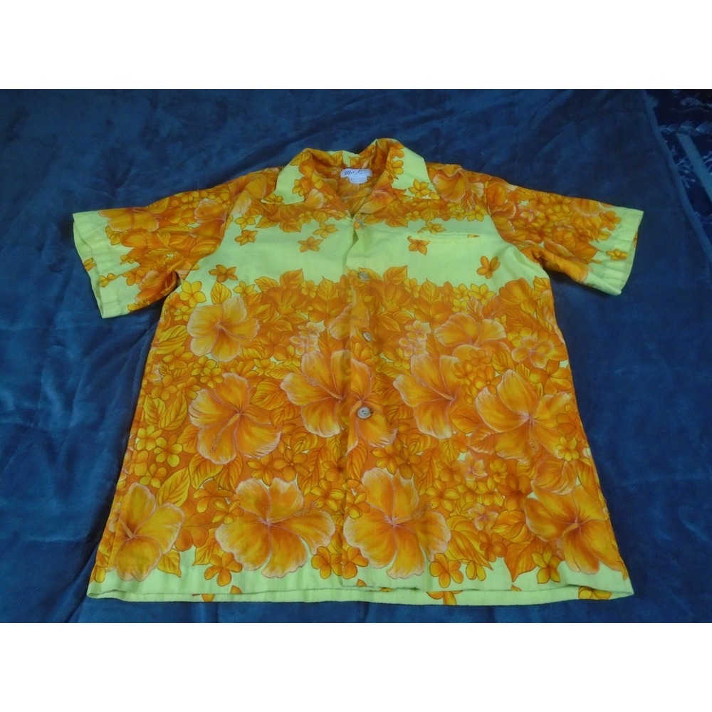 Mei Jan of Hawaii Mens Orange Yellow Hibiscus Floral Cotton Aloha Shirt Large